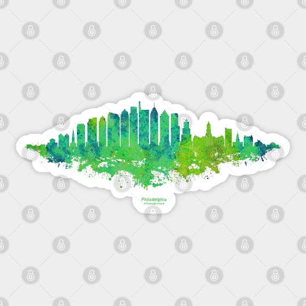 Philadelphia City Skyline - Watercolor Green, blue Sticker by SPJE Illustration Photography